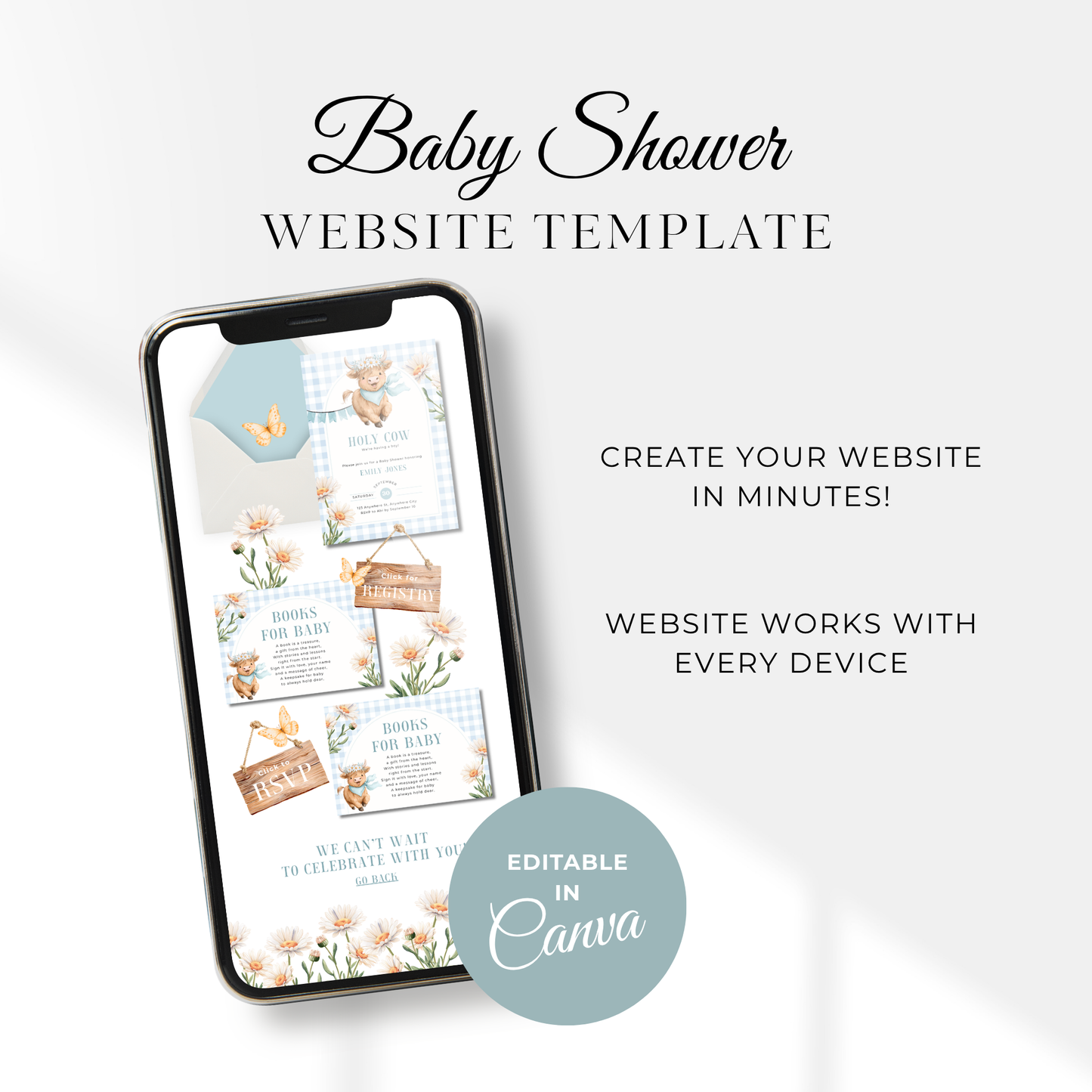 Holy Cow Baby Shower Website Template - Editable RSVP Website for Baby Boy BS297