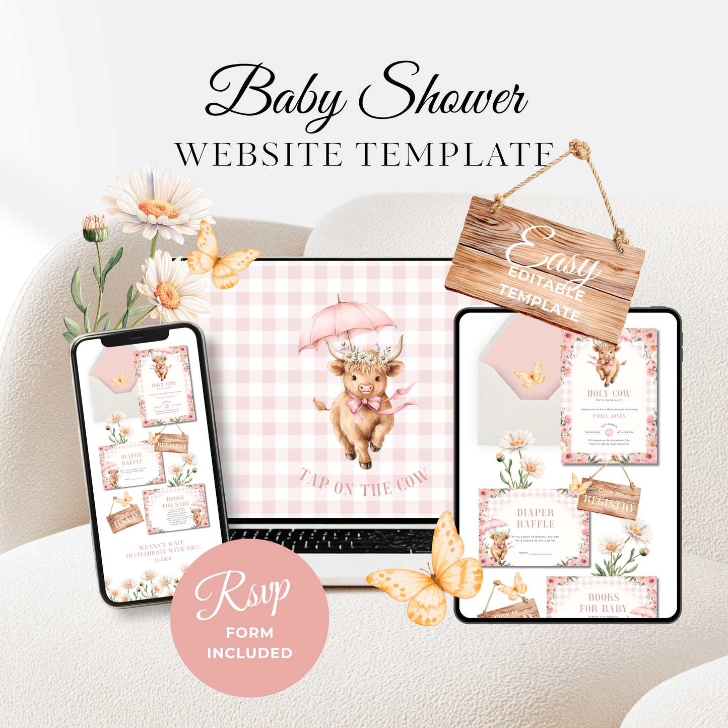 Holy Cow Baby Shower Website Template Girl - Editable RSVP Website BS300