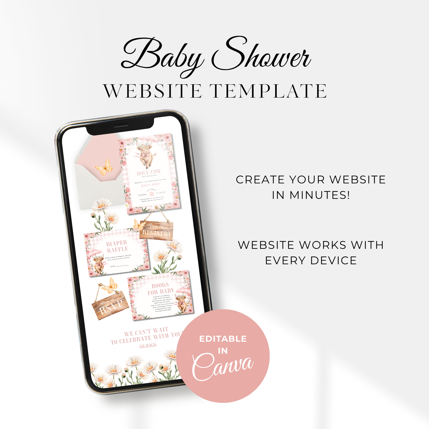 Holy Cow Baby Shower Website Template Girl - Editable RSVP Website BS300