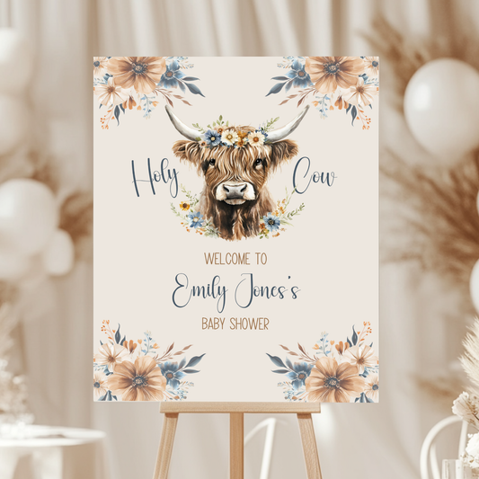 Baby Shower Welcome Sign - Holy Cow Boho Highland Cow with Blue Flowers BS75