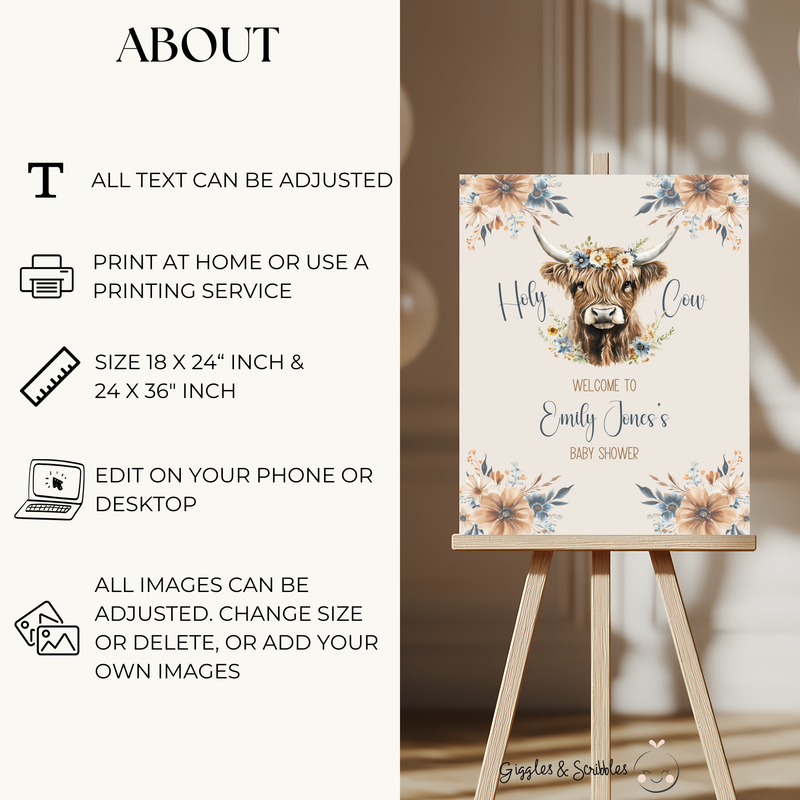 Baby Shower Welcome Sign - Holy Cow Boho Highland Cow with Blue Flowers BS75