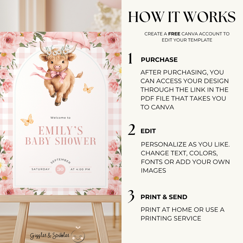 Highland Cow Baby Shower Welcome Sign Girl BS300