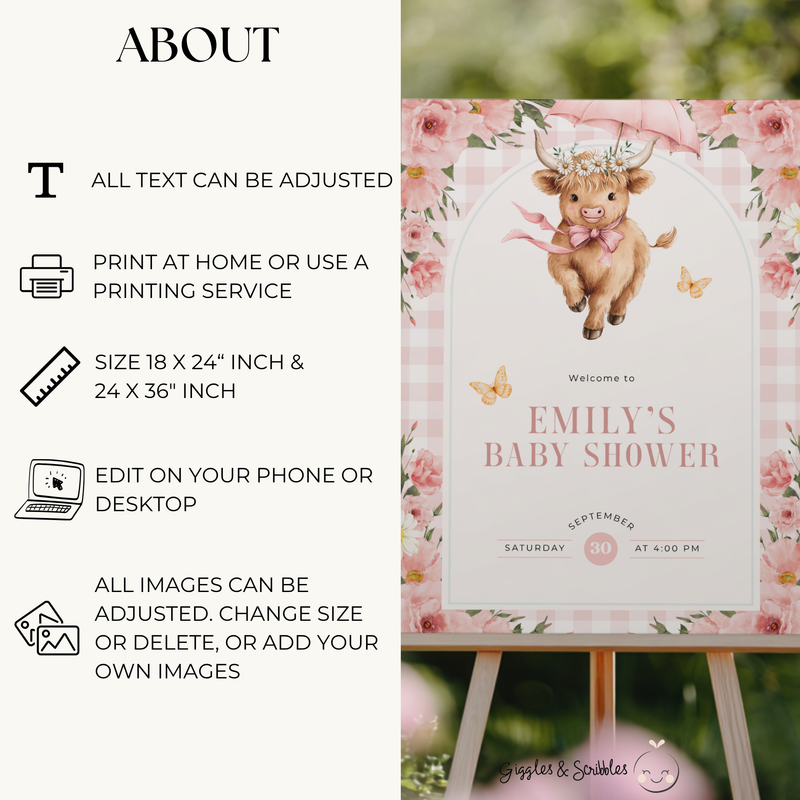 Highland Cow Baby Shower Welcome Sign Girl BS300