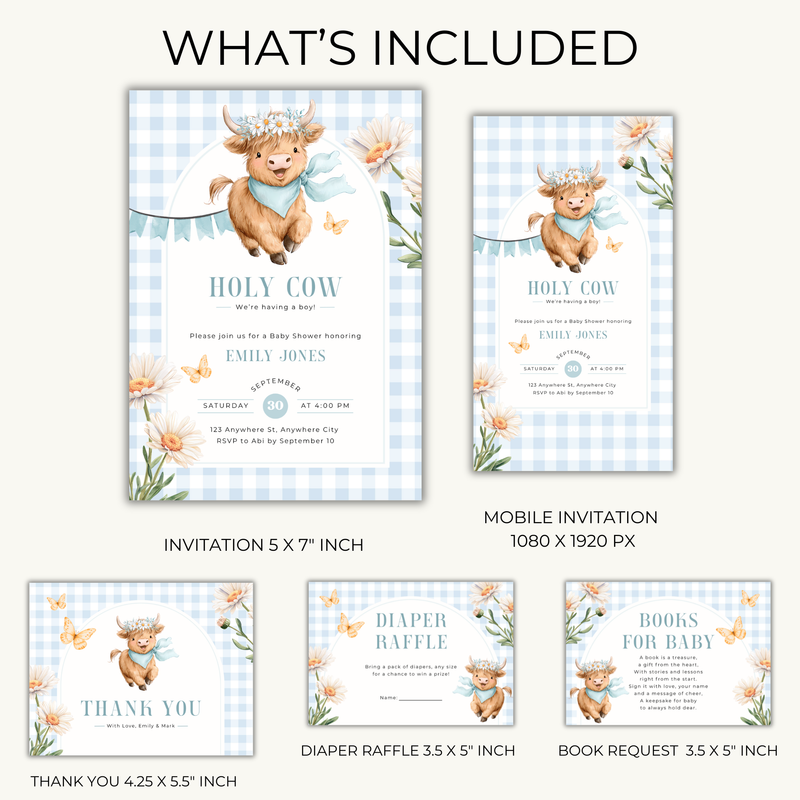 Highland Holy Cow Baby Shower Invitation Set for Boy BS297