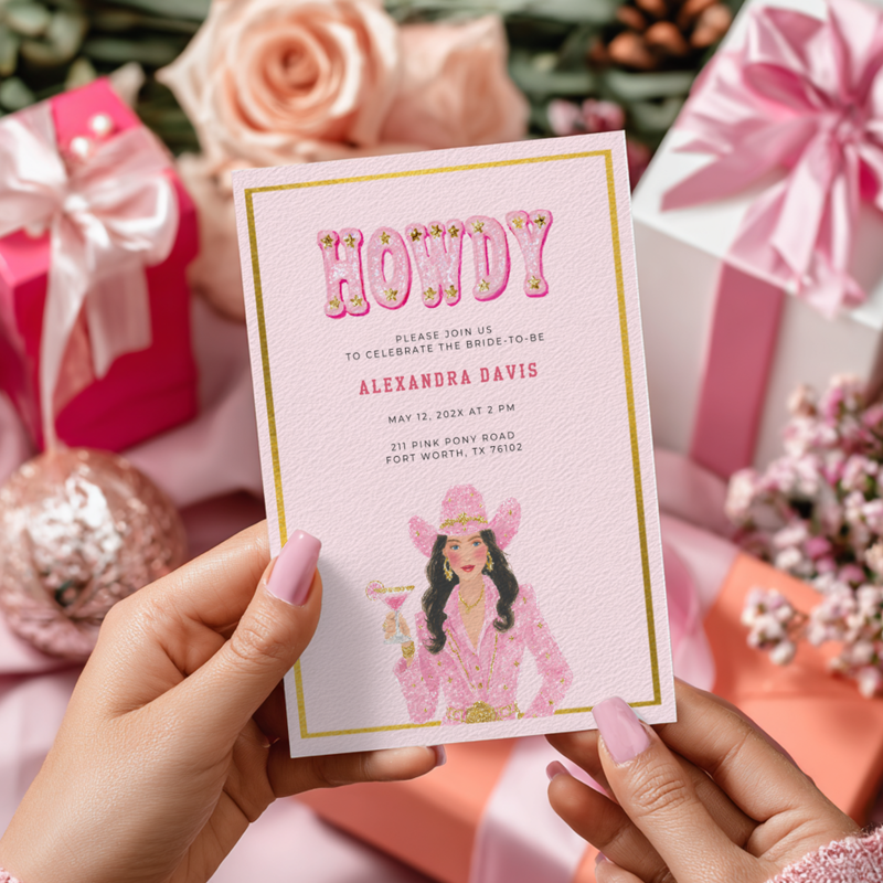 Cowgirl Bachelorette Party Invitation - Pink Western Rodeo Bride Invite L127