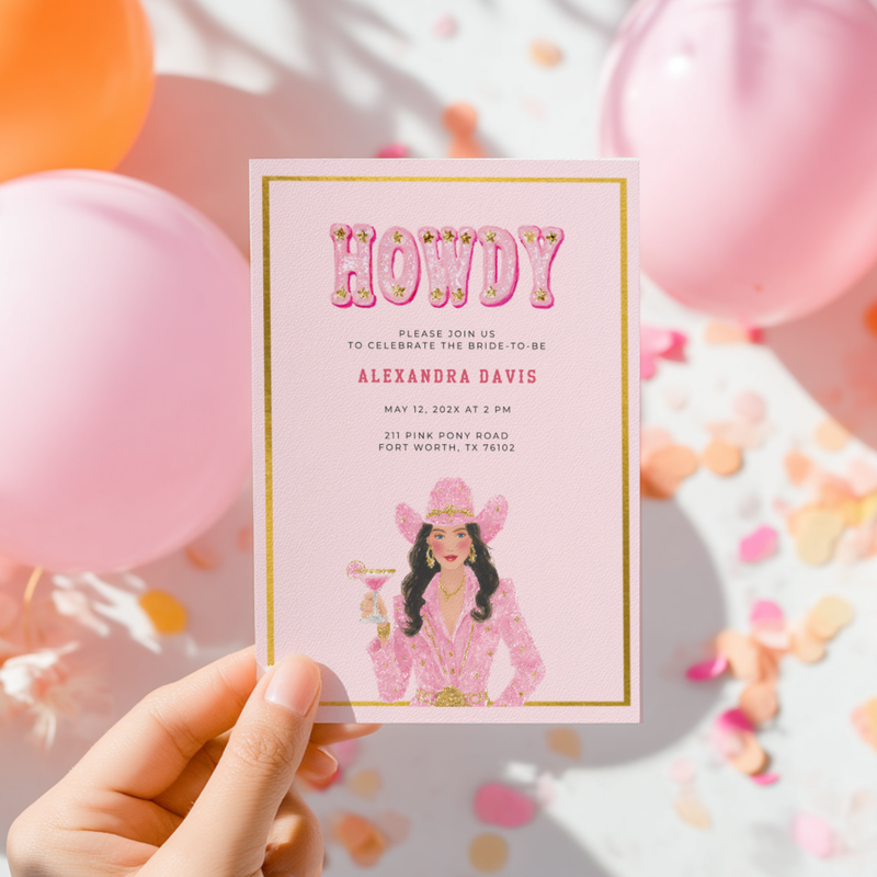 Cowgirl Bachelorette Party Invitation - Pink Western Rodeo Bride Invite L127