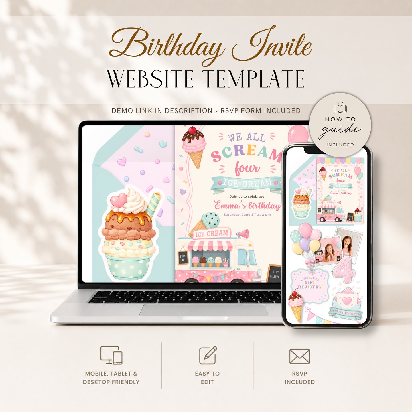 Ice Cream 4th Birthday Invitation Website with RSVP L139