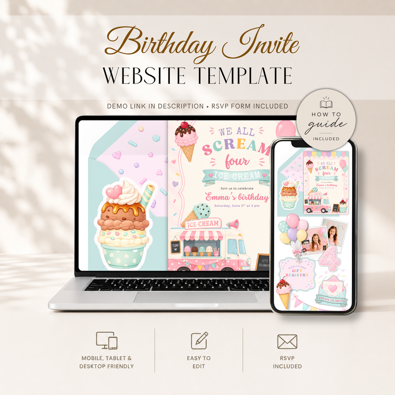 Ice Cream 4th Birthday Invitation Website with RSVP L139