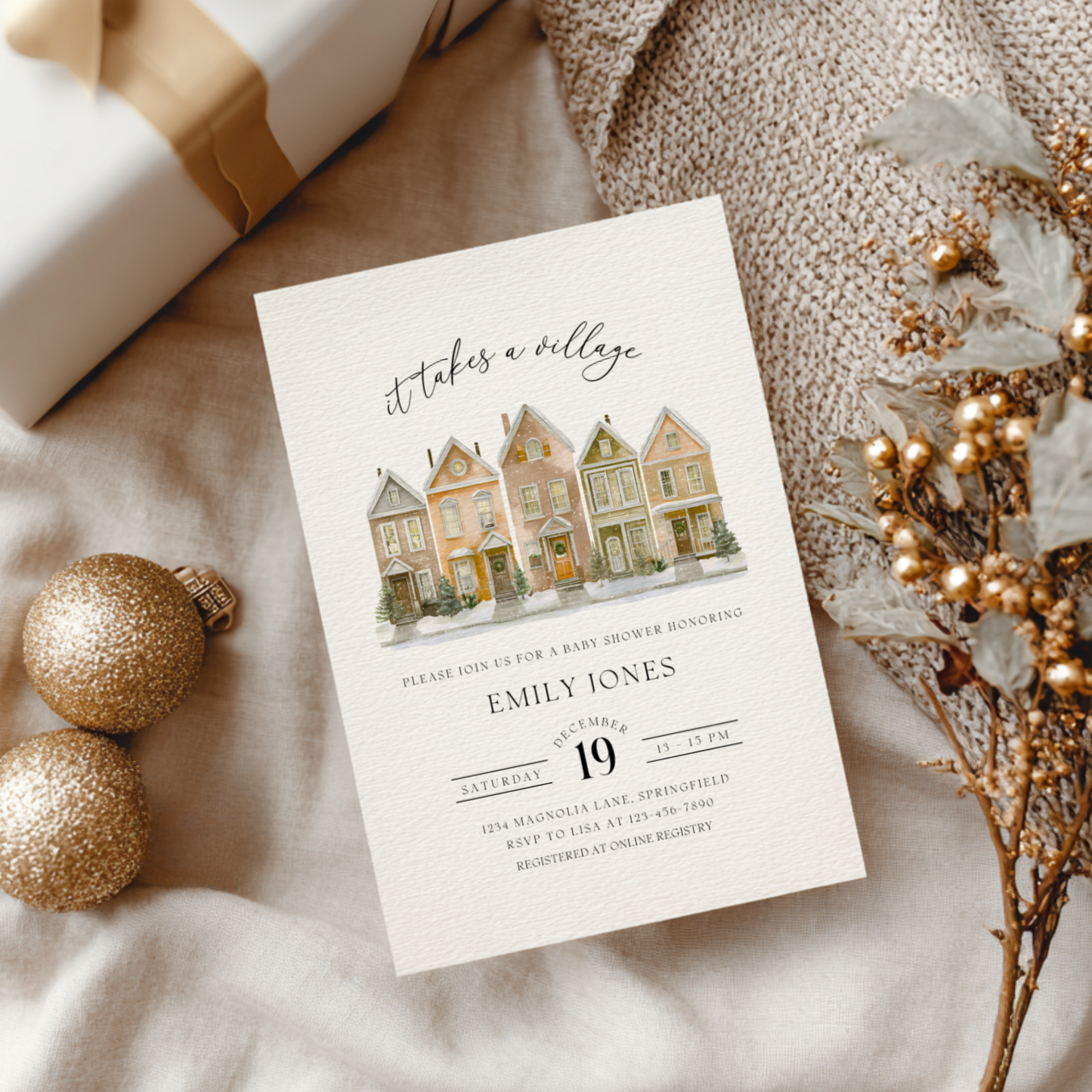 Baby Shower Invitation Bundle - Snowy Christmas Village Beige BS249