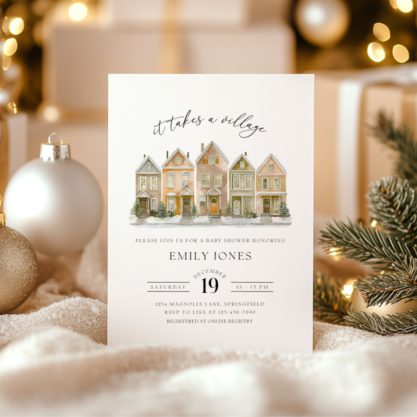 Baby Shower Invitation - It Takes A Village Christmas Snowy Village BS249