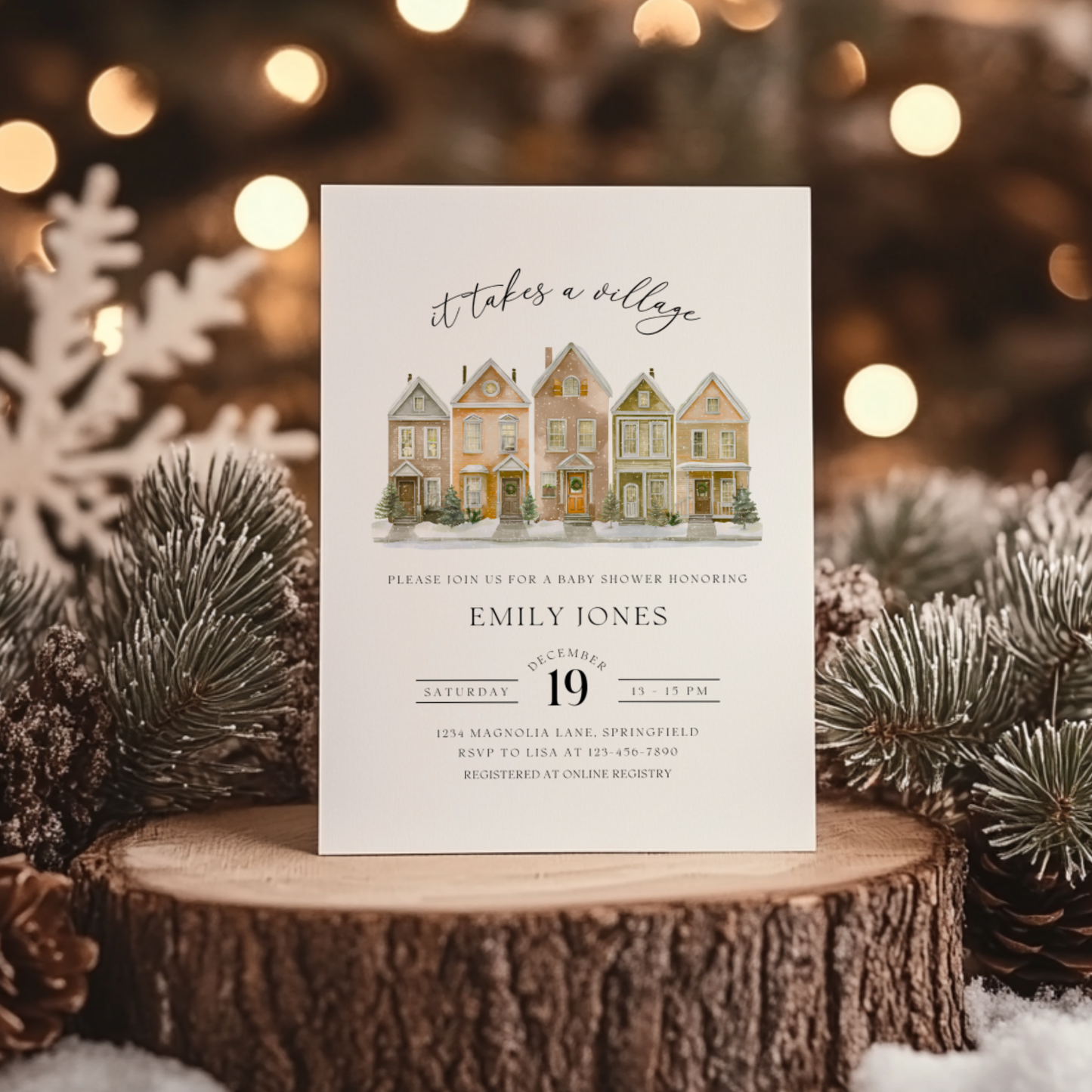 Baby Shower Invitation Bundle - Snowy Christmas Village Beige BS249