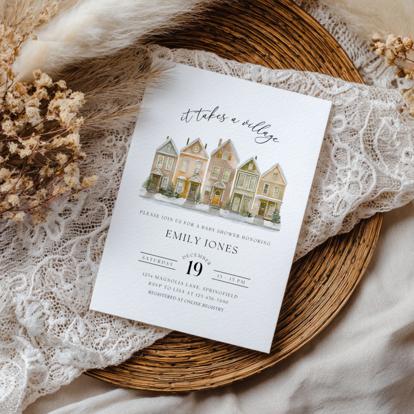 Baby Shower Invitation Bundle - Snowy Christmas Village Beige BS249