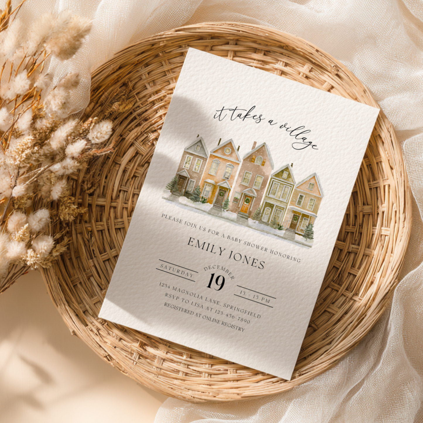 Baby Shower Invitation - It Takes A Village Christmas Snowy Village BS249