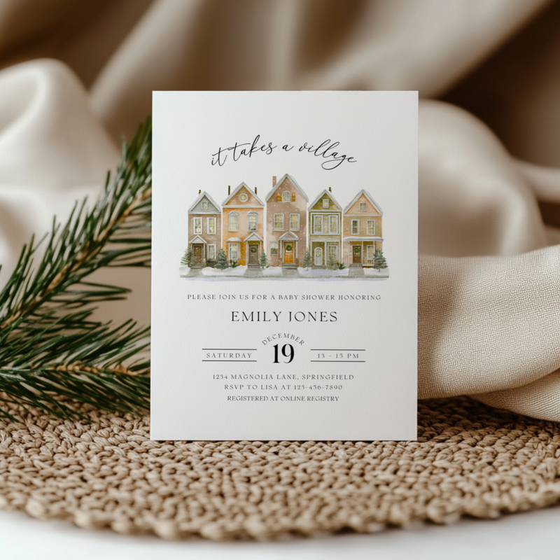 Baby Shower Invitation Bundle - Snowy Christmas Village Beige BS249