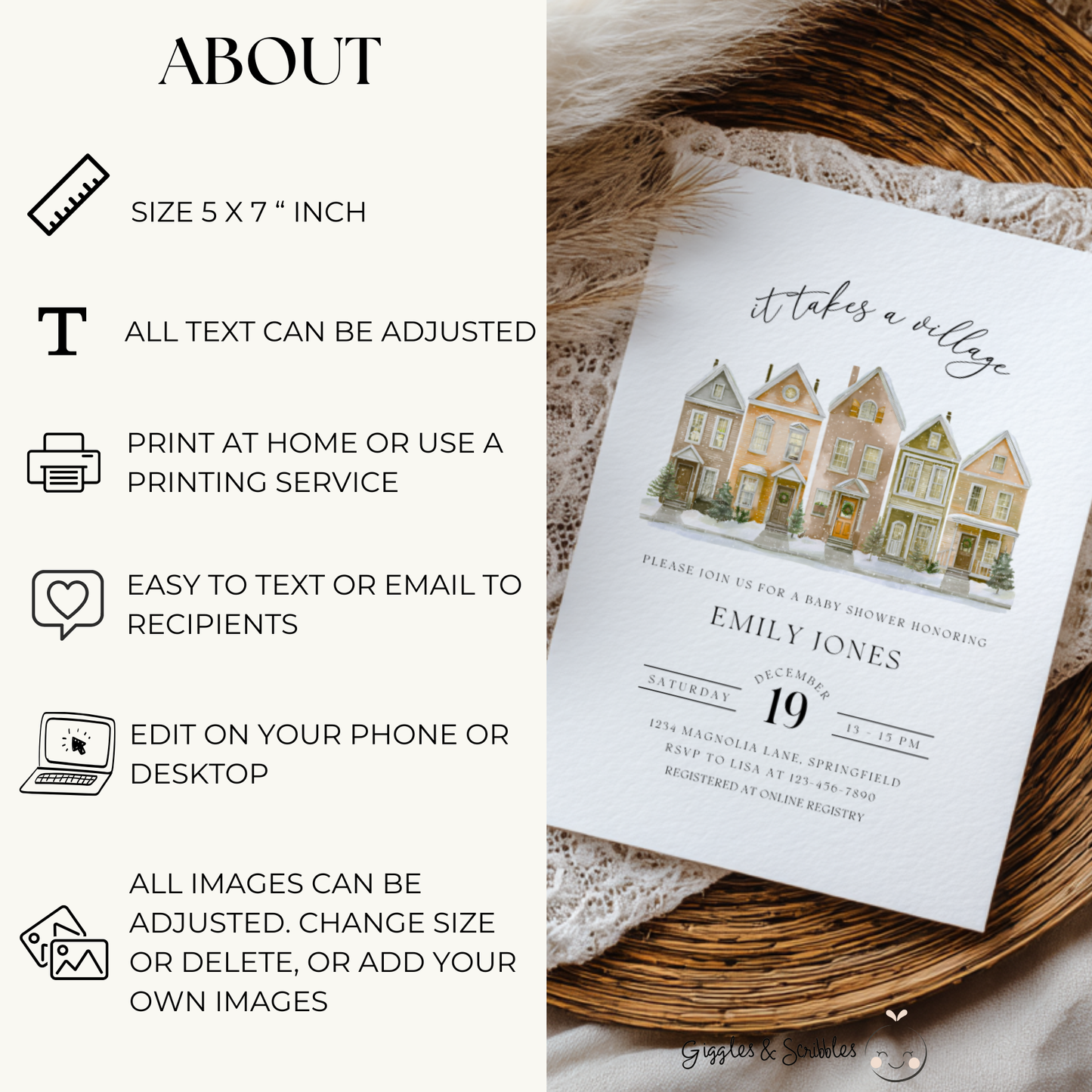 Baby Shower Invitation - It Takes A Village Christmas Snowy Village BS249