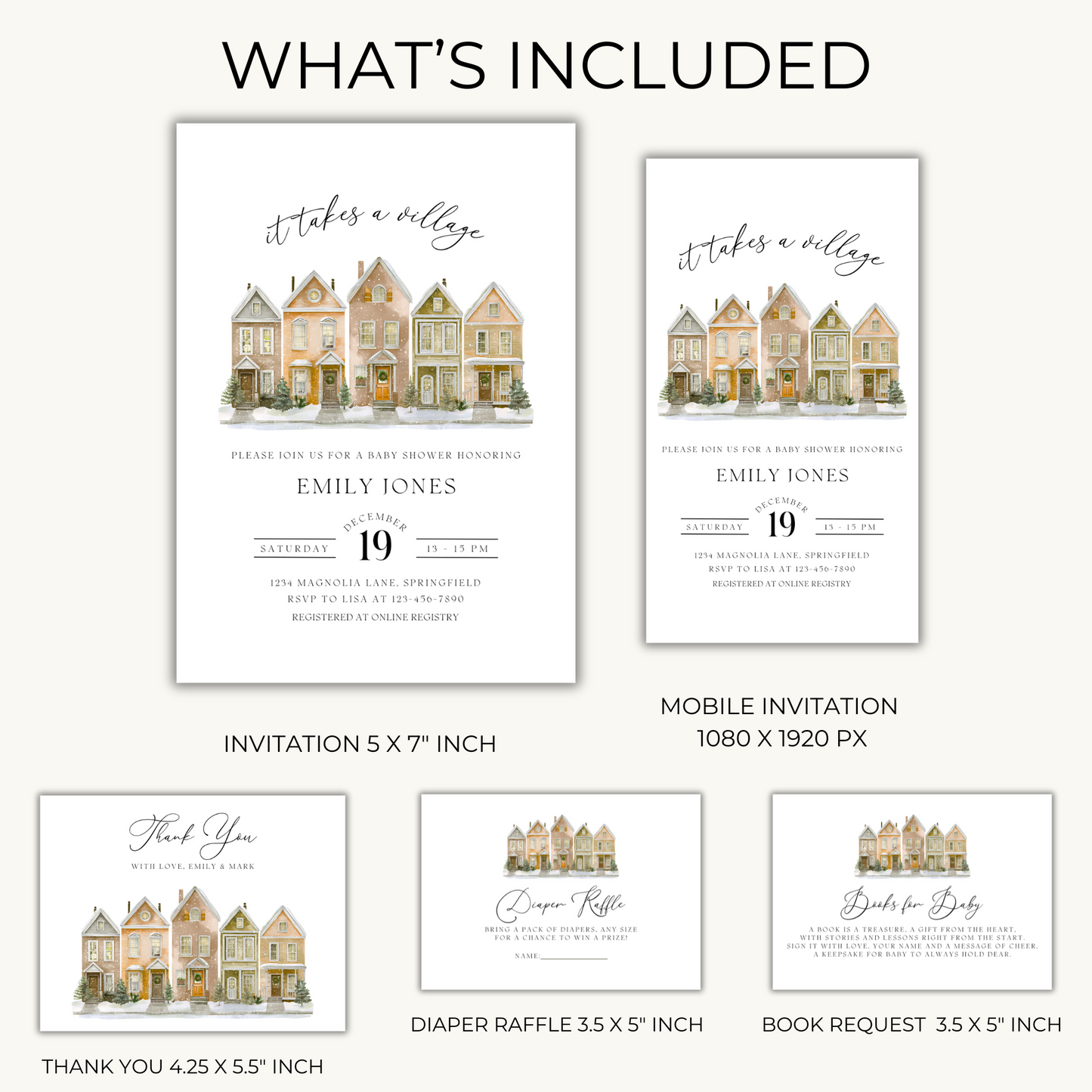Baby Shower Invitation Bundle - Snowy Christmas Village Beige BS249