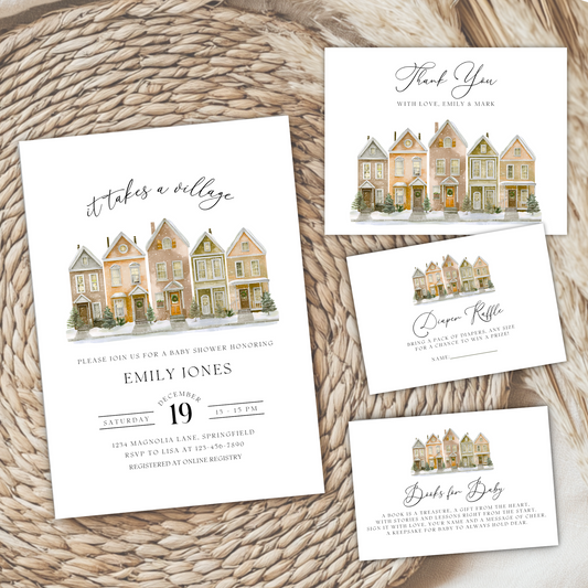 Baby Shower Invitation Bundle - Snowy Christmas Village Beige BS249