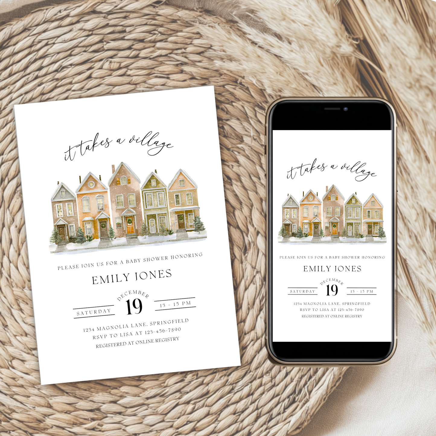 Baby Shower Invitation Bundle - Snowy Christmas Village Beige BS249