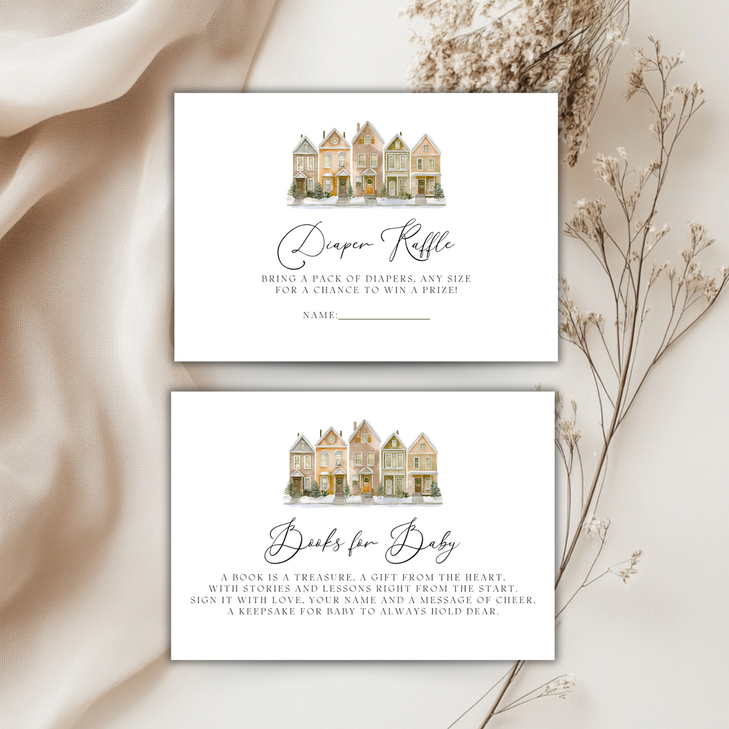 Baby Shower Invitation Bundle - Snowy Christmas Village Beige BS249