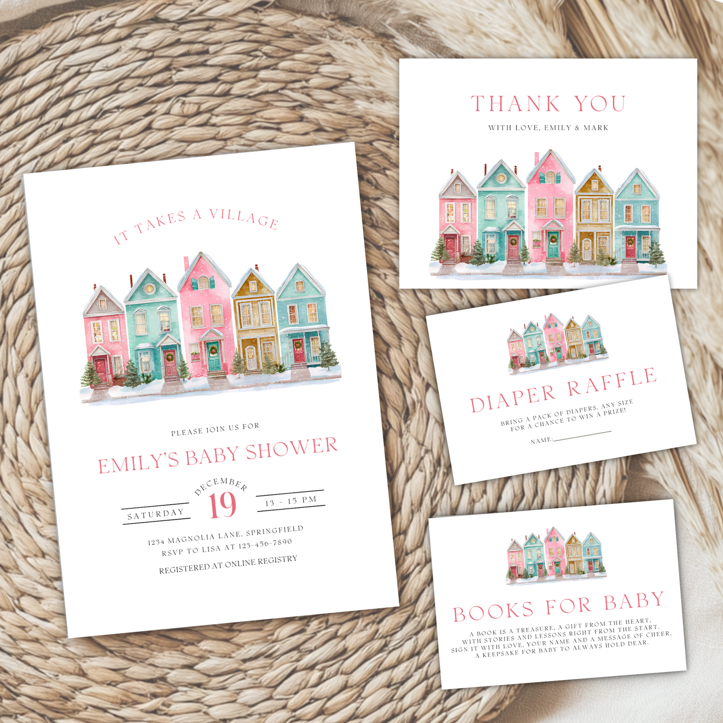 Baby Shower Mega Bundle - Pink Christmas Pastel Snowy Village BS248