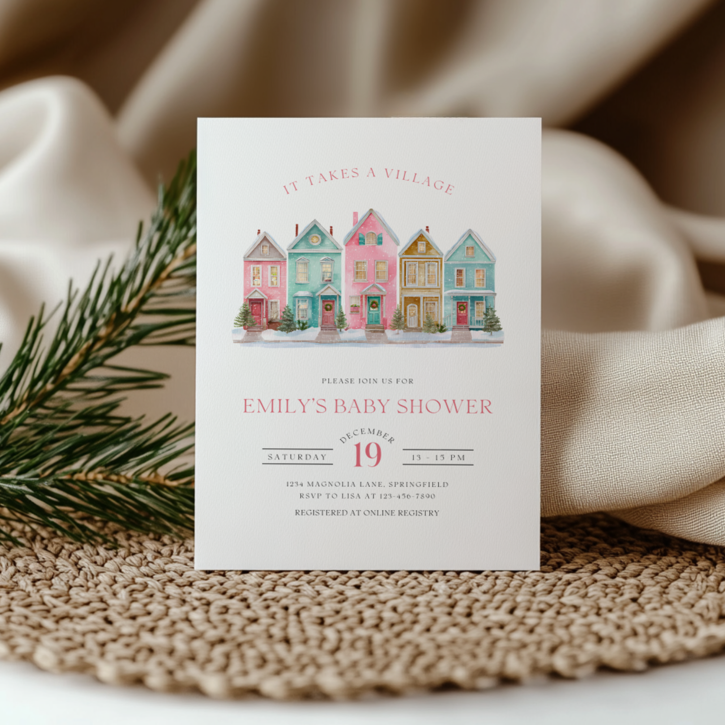 Baby Shower Invitation - It Takes A Village Christmas Pastel BS248