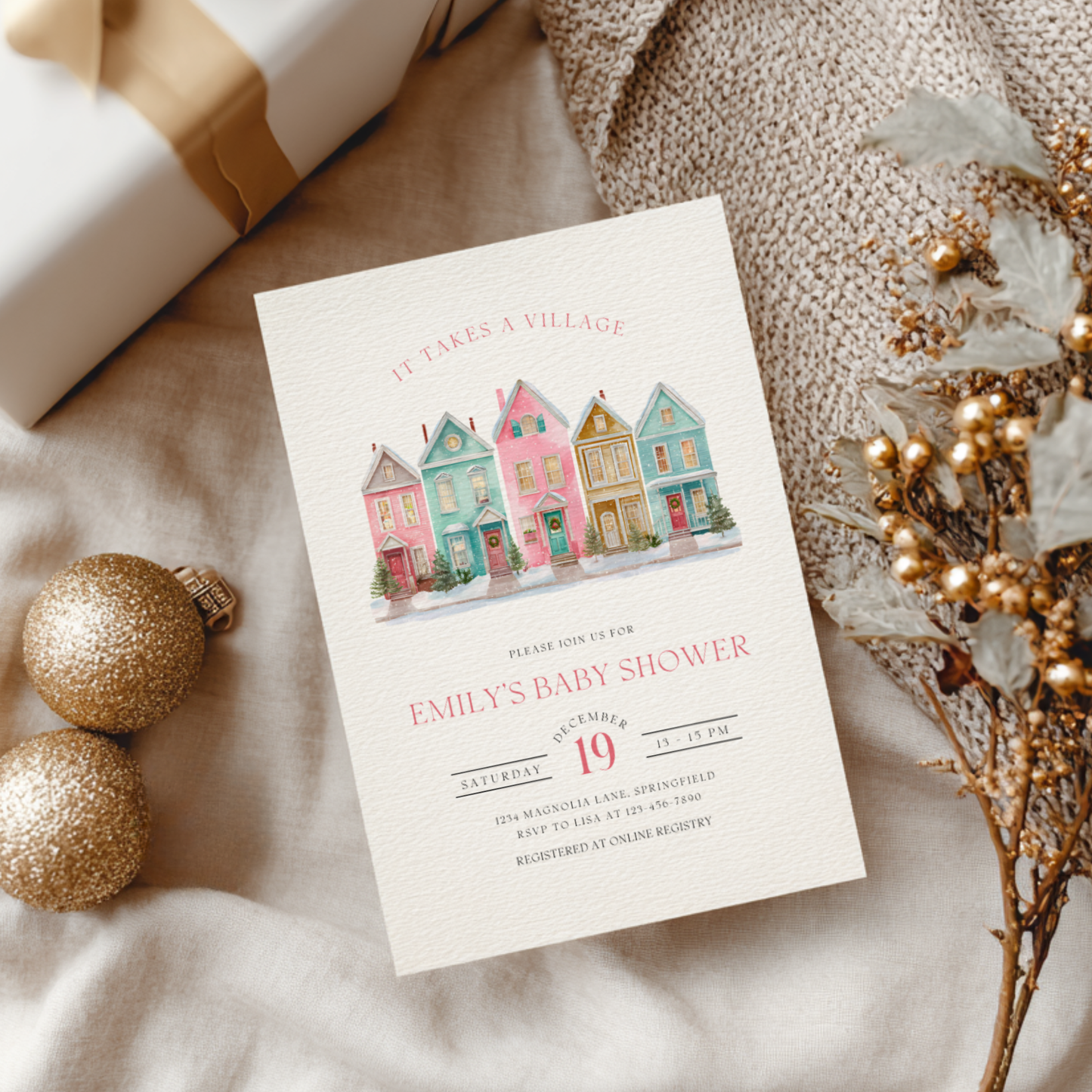 Baby Shower Invitation - It Takes A Village Christmas Pastel BS248