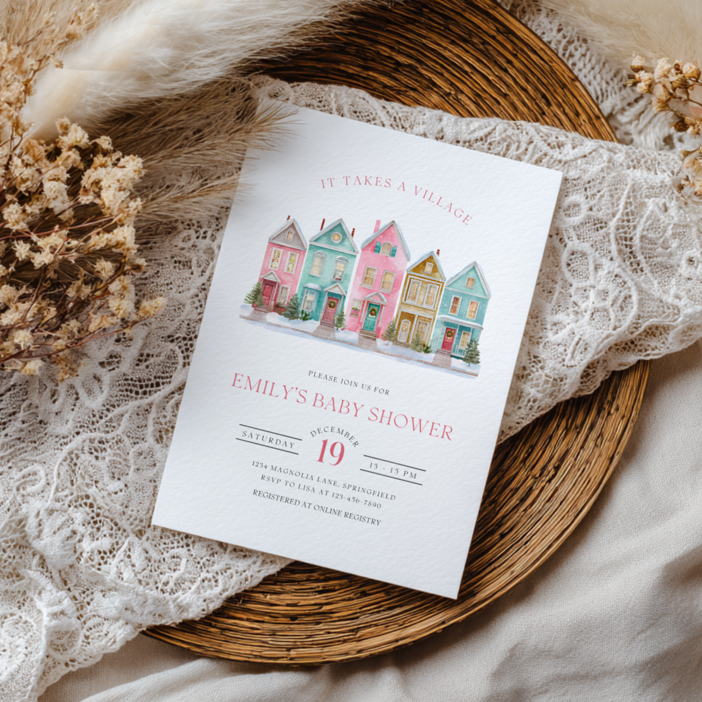 Baby Shower Invitation - It Takes A Village Christmas Pastel BS248