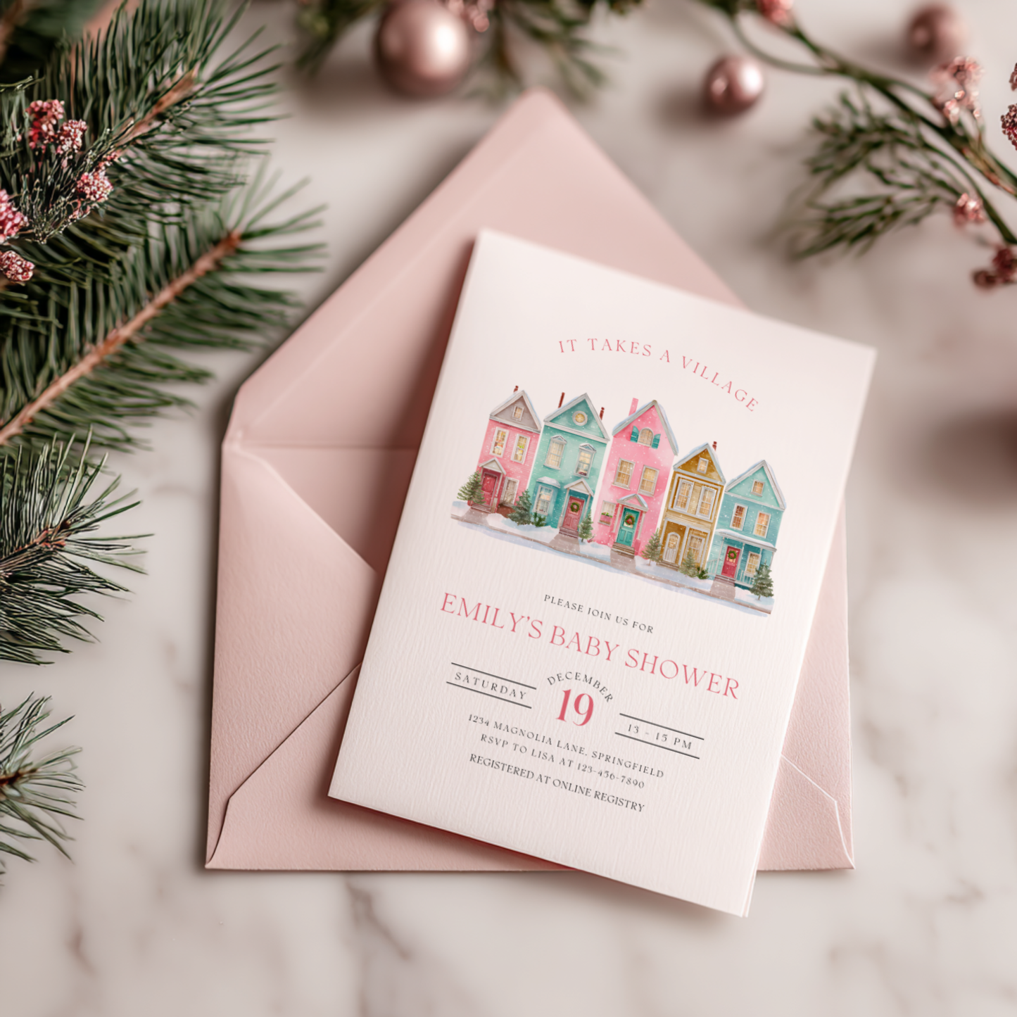 Baby Shower Invitation - It Takes A Village Christmas Pastel BS248