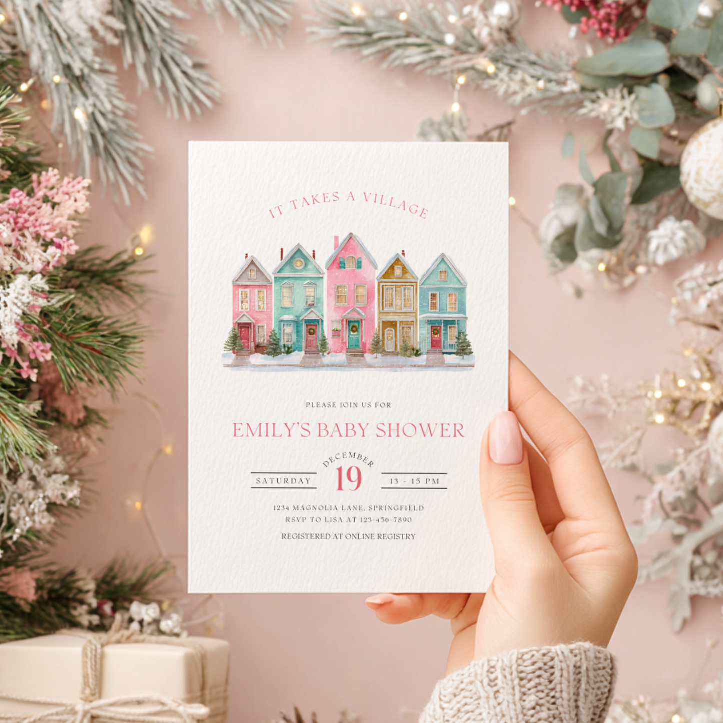 Baby Shower Invitation - It Takes A Village Christmas Pastel BS248