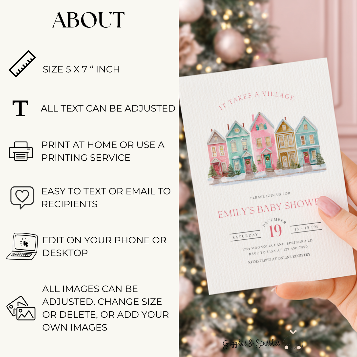 Baby Shower Invitation - It Takes A Village Christmas Pastel BS248