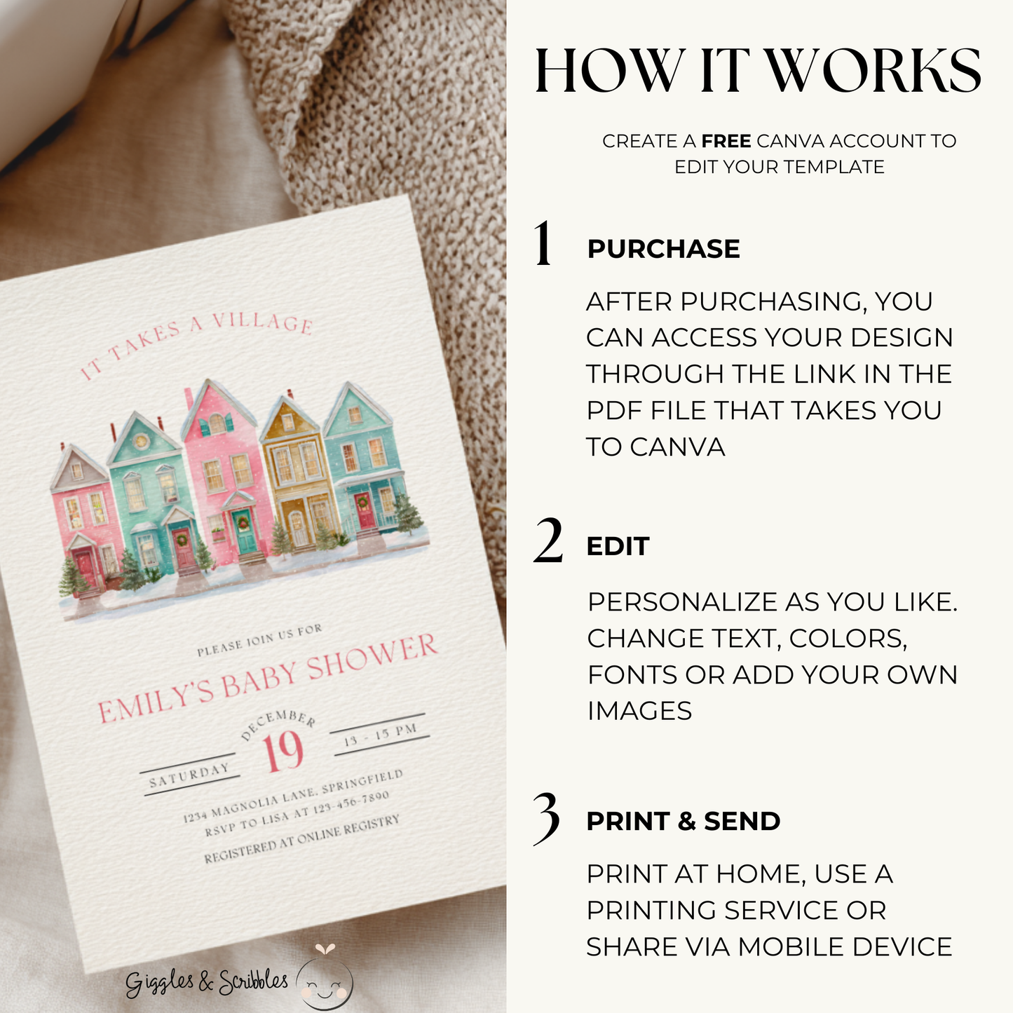 Baby Shower Invitation - It Takes A Village Christmas Pastel BS248