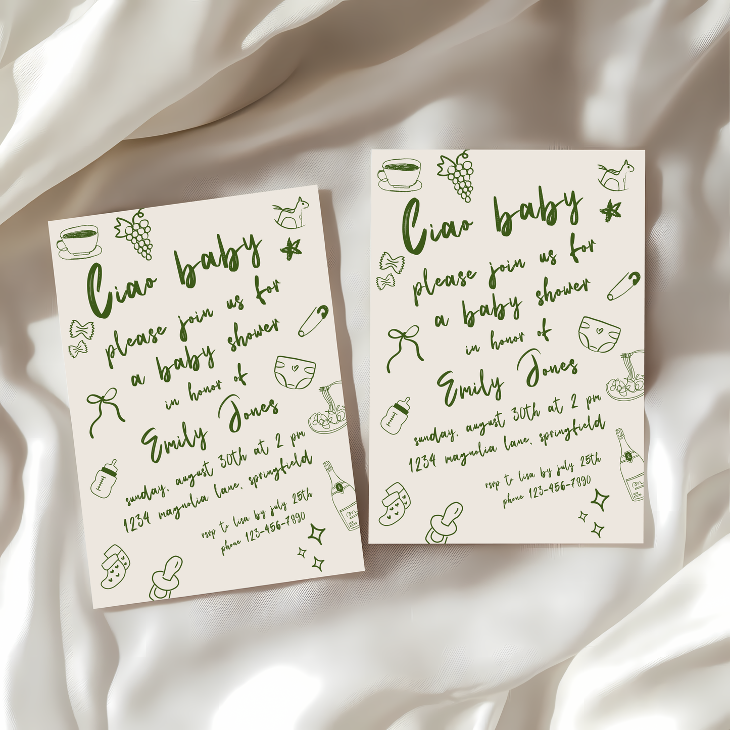 Baby Shower Invitation - Ciao Baby Italian Green Lunch Dinner Party BS119