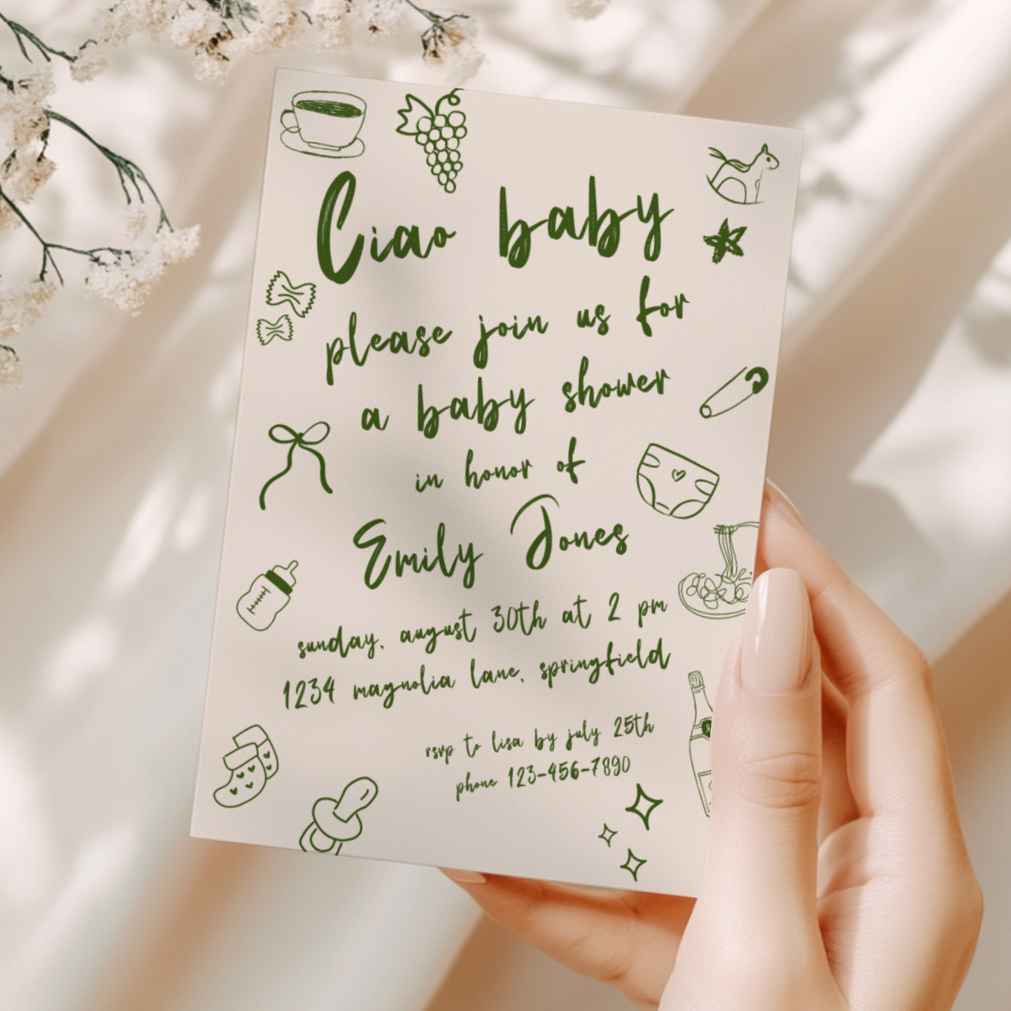 Baby Shower Invitation - Ciao Baby Italian Green Lunch Dinner Party BS119