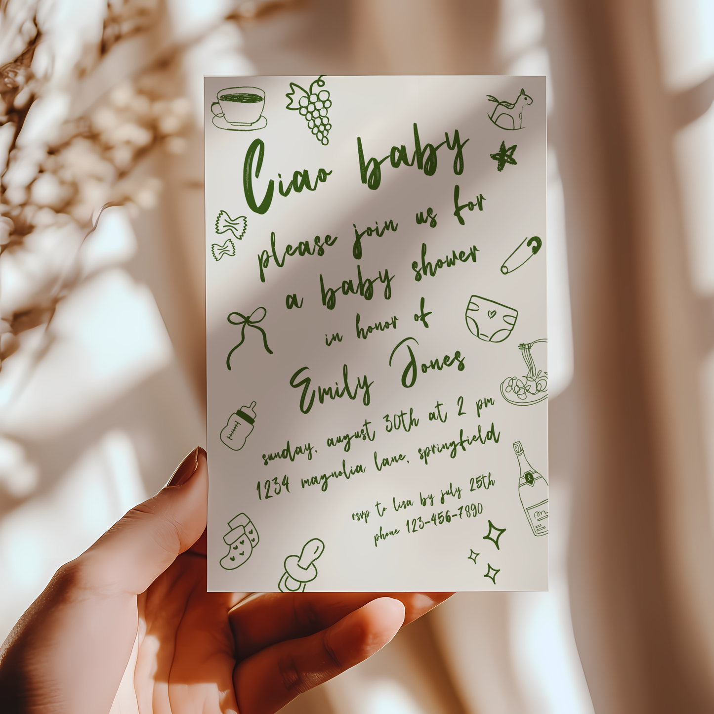 Baby Shower Invitation - Ciao Baby Italian Green Lunch Dinner Party BS119