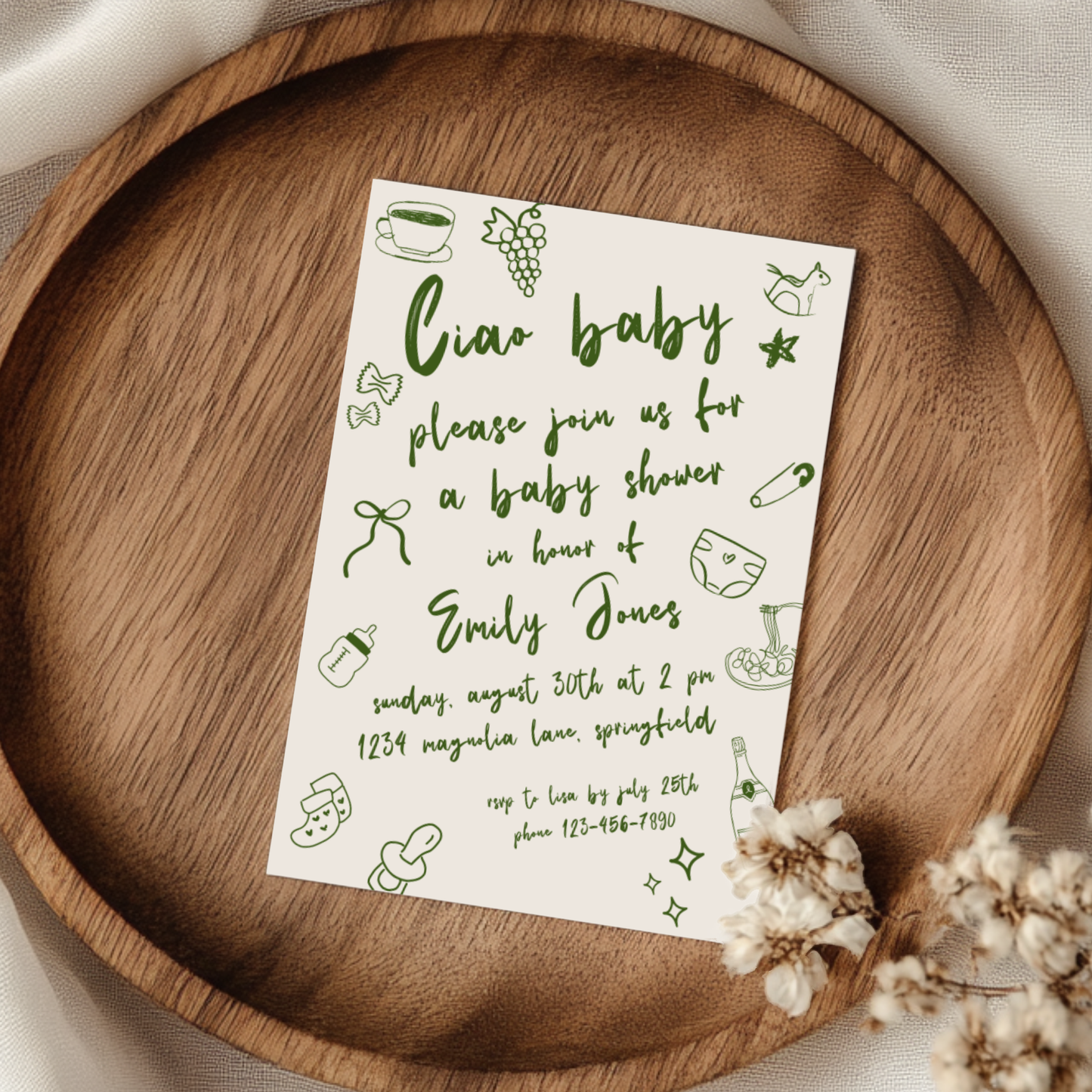 Baby Shower Invitation - Ciao Baby Italian Green Lunch Dinner Party BS119