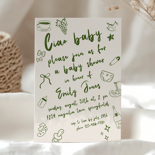 Baby Shower Invitation - Ciao Baby Italian Green Lunch Dinner Party BS119