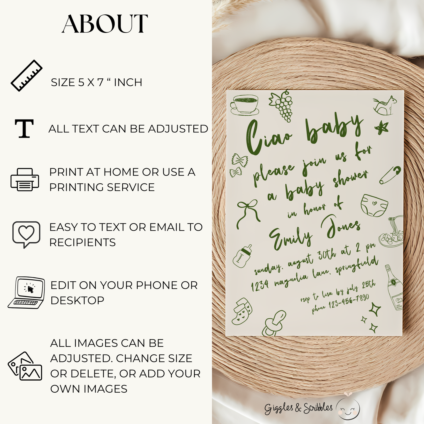 Baby Shower Invitation - Ciao Baby Italian Green Lunch Dinner Party BS119