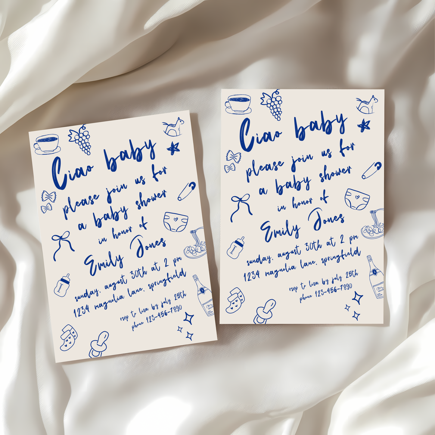 Baby Shower Invitation - Ciao Bambino Italian Blue Lunch Dinner Party BS119