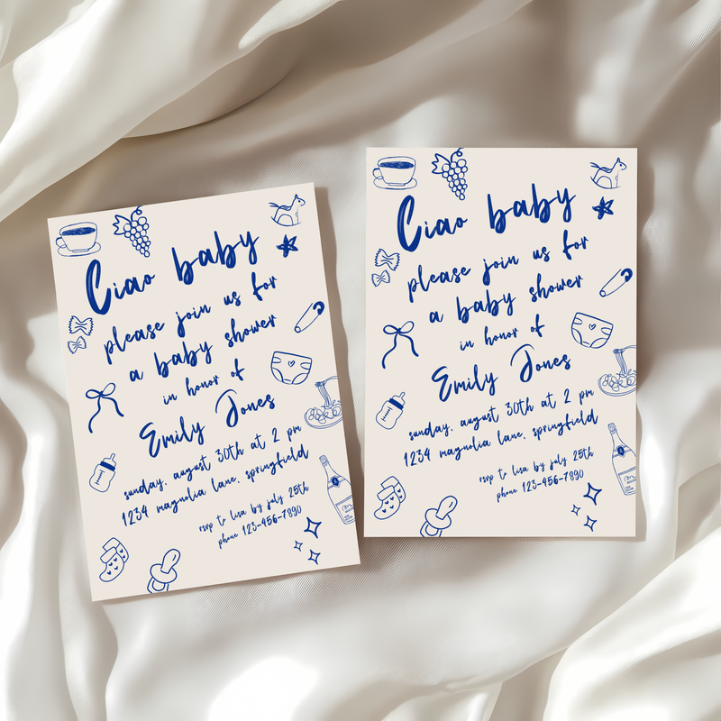 Baby Shower Invitation - Ciao Bambino Italian Blue Lunch Dinner Party BS119