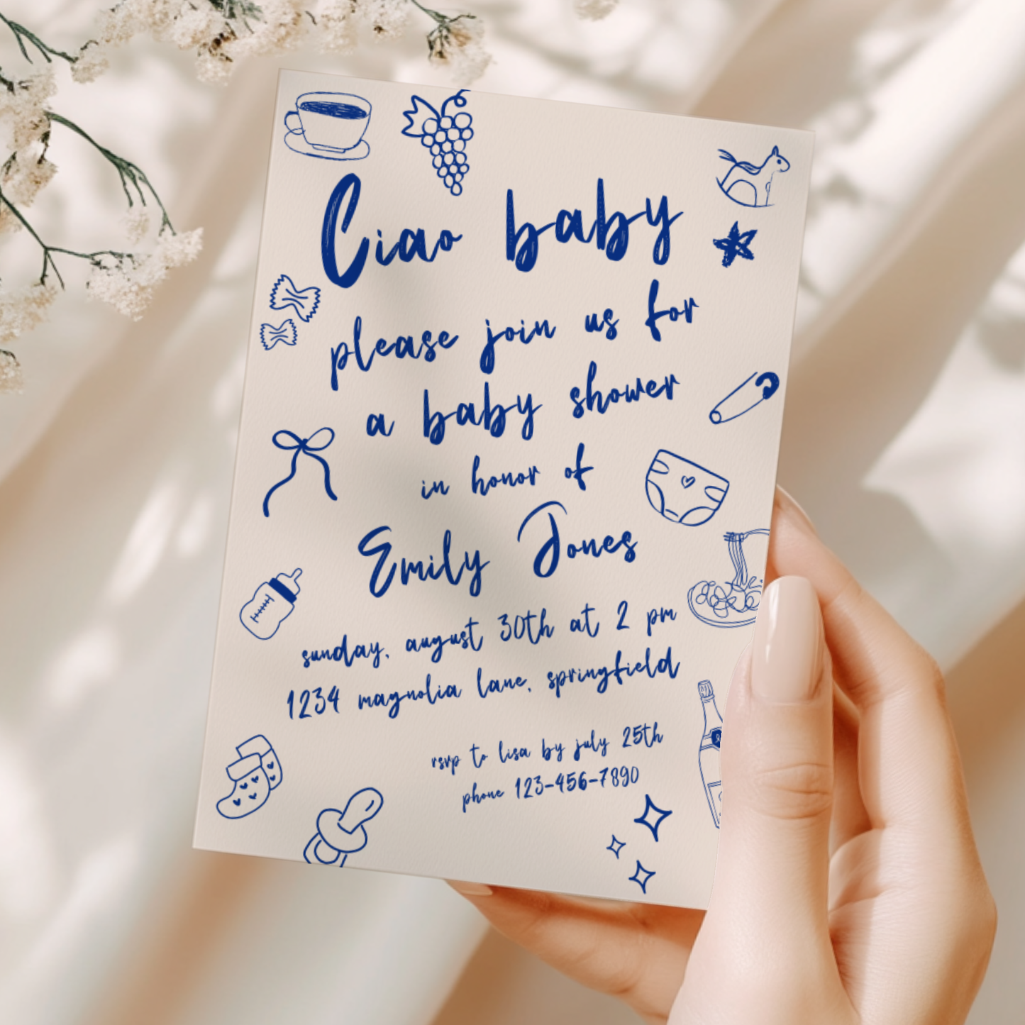 Baby Shower Invitation - Ciao Bambino Italian Blue Lunch Dinner Party BS119