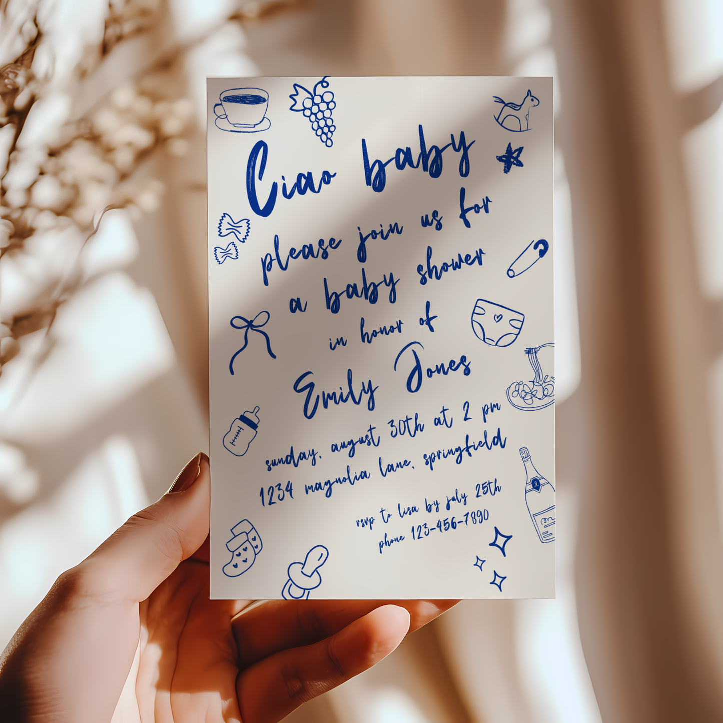 Baby Shower Invitation - Ciao Bambino Italian Blue Lunch Dinner Party BS119