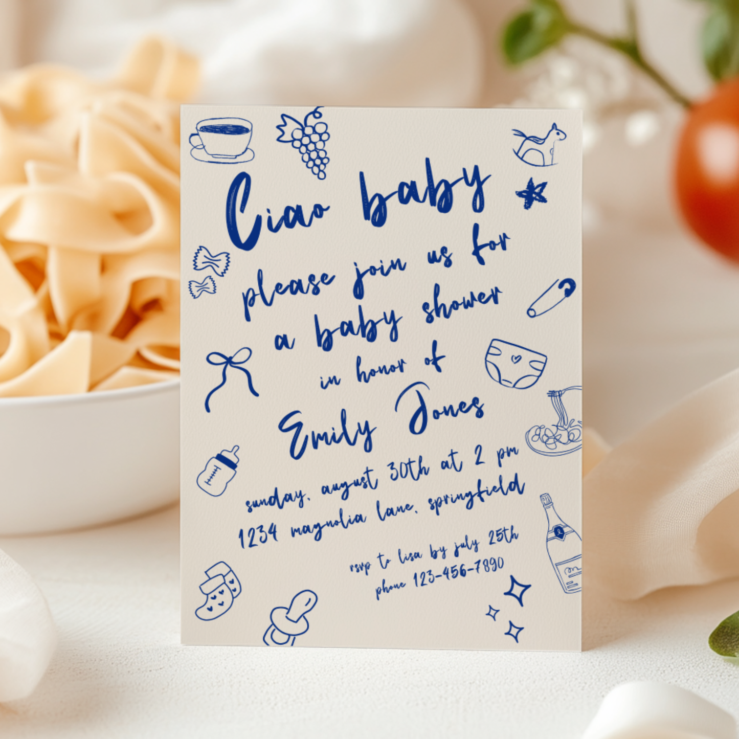 Baby Shower Invitation - Ciao Bambino Italian Blue Lunch Dinner Party BS119
