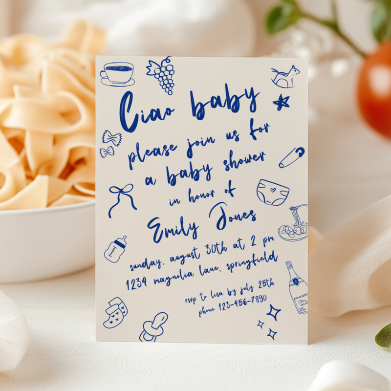 Baby Shower Invitation - Ciao Bambino Italian Blue Lunch Dinner Party BS119