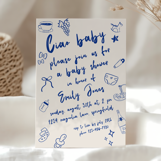 Baby Shower Invitation - Ciao Bambino Italian Blue Lunch Dinner Party BS119