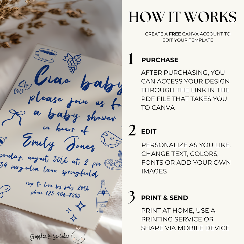 Baby Shower Invitation - Ciao Bambino Italian Blue Lunch Dinner Party BS119