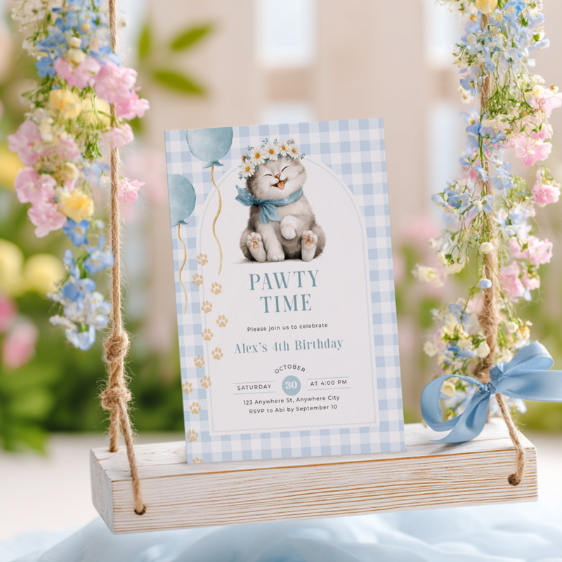 Kitten Pawty Birthday Invitation - Blue Gingham L131