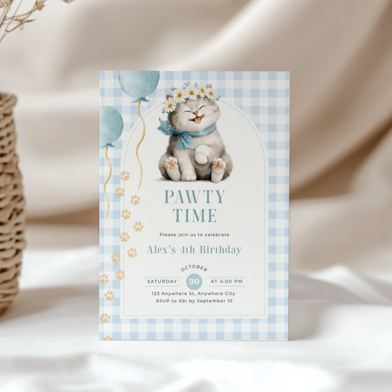Kitten Pawty Birthday Invitation - Blue Gingham L131