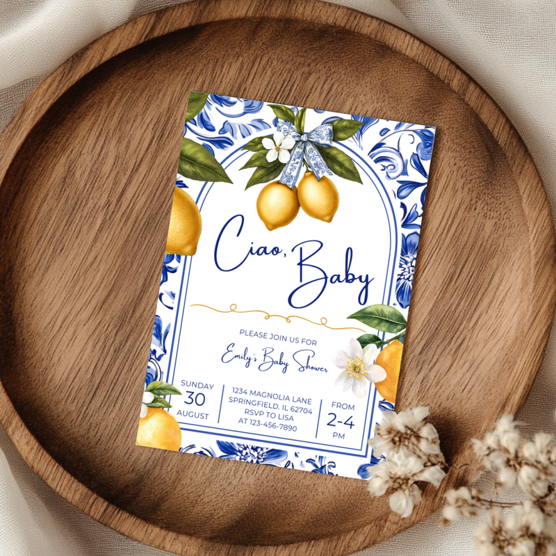 Baby Shower Invitation - Mediterranean Lemons Ciao Baby Citrus Blue Tiles BS102