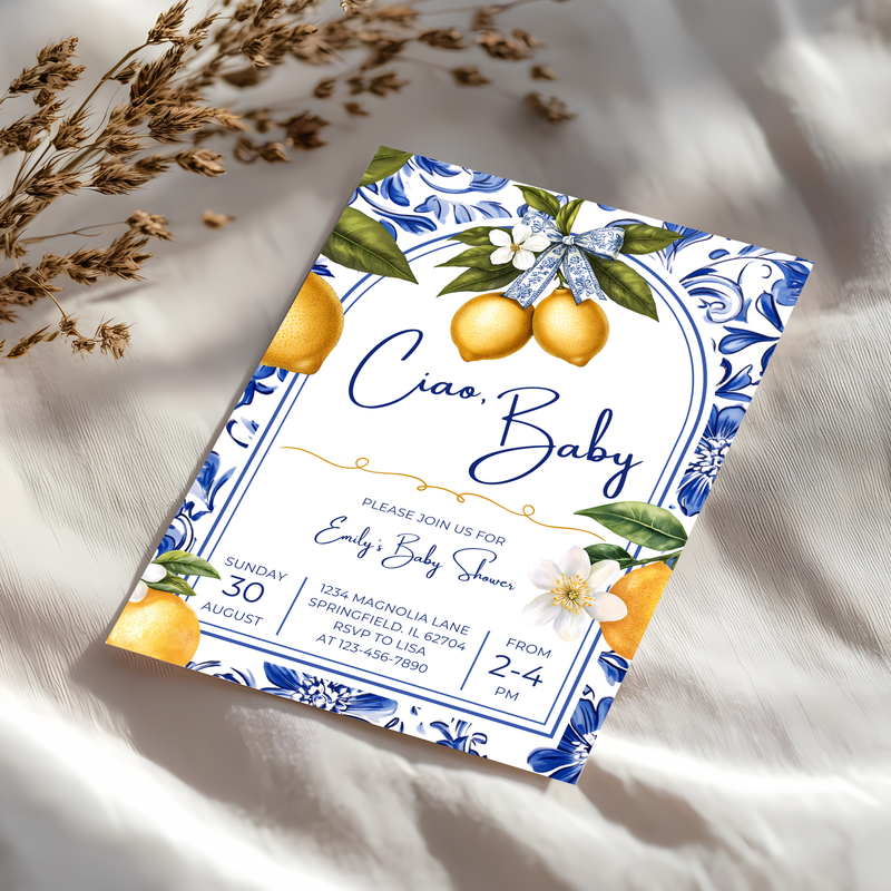 Baby Shower Invitation - Mediterranean Lemons Ciao Baby Citrus Blue Tiles BS102