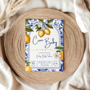 Baby Shower Invitation - Mediterranean Lemons Ciao Baby Citrus Blue Tiles BS102